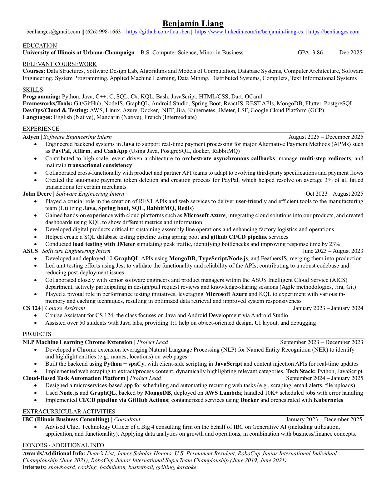 Preview of Benjamin Liang's resume